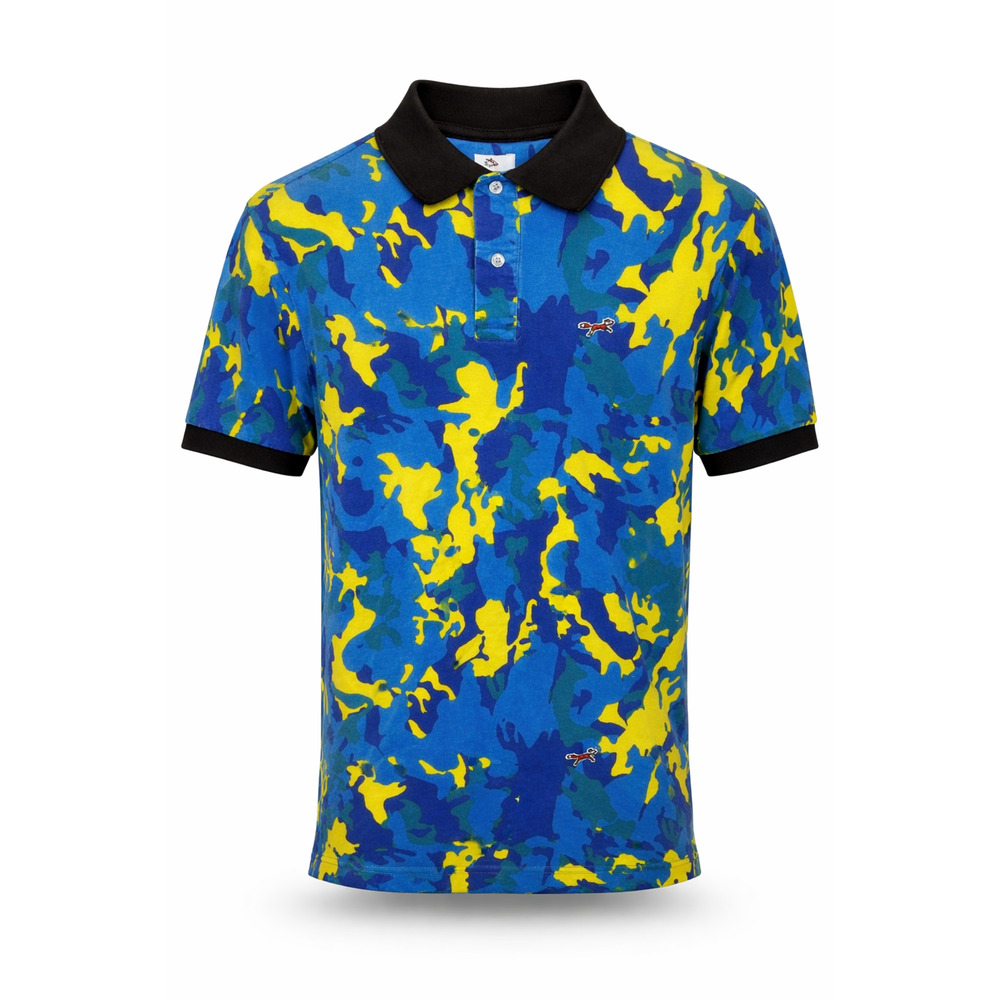Retro Fox Camo Polo Shirt Blue Yellow Streetwear Y2K 100% Cotton Medium